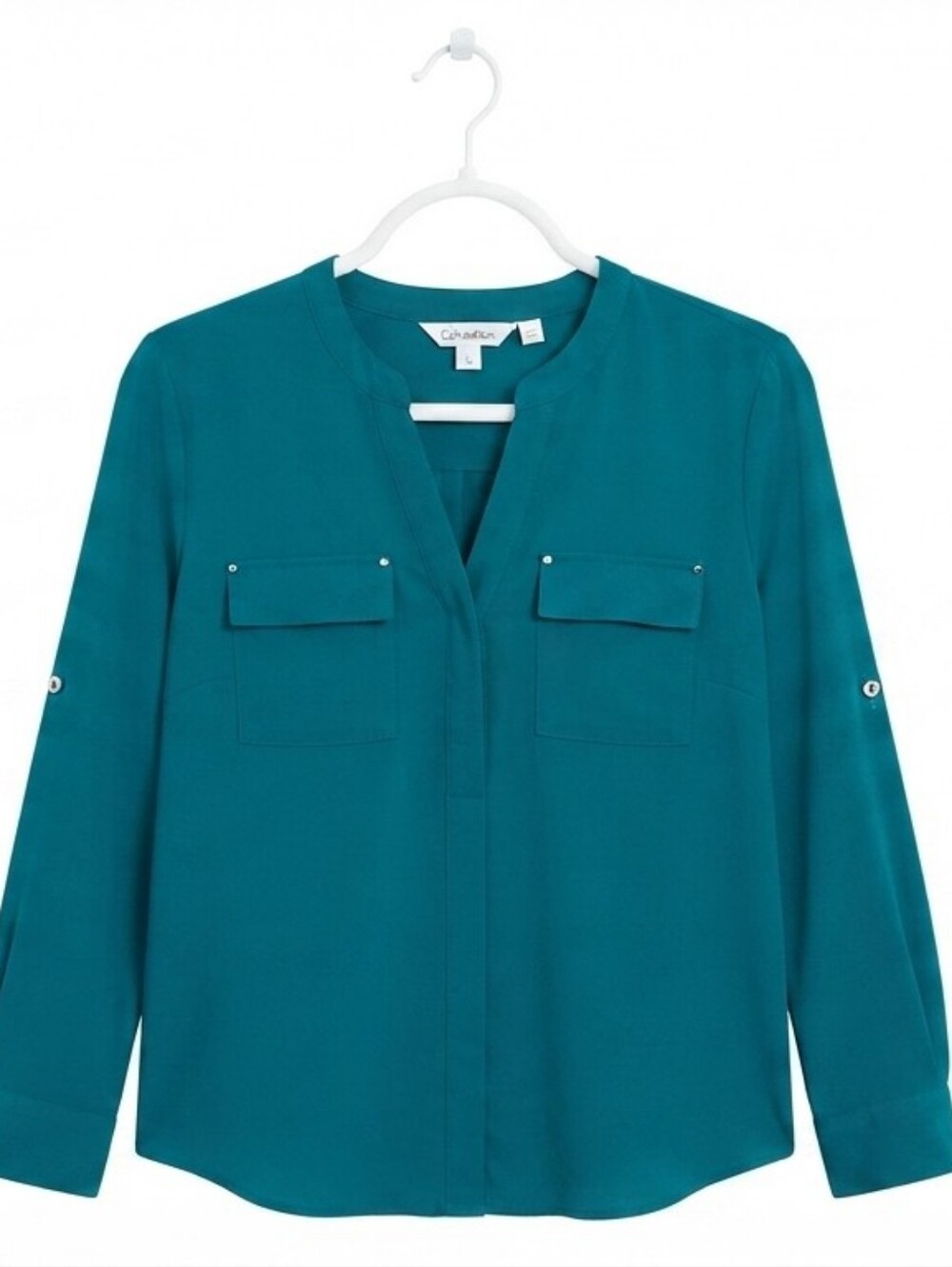 ​Calvin Klein Women's Blouse Shirt Small S Teal Green Roll Tab Sleeves Career